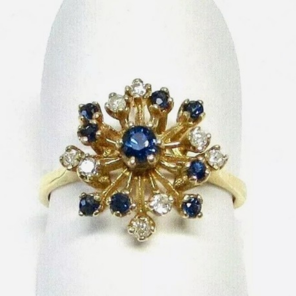 14K Blue Sapphire Diamond Starburst Ring